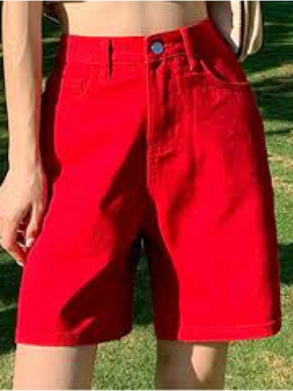 Vintage High-Waist Red Denim Bermuda Shorts - Picture 1 of 4
